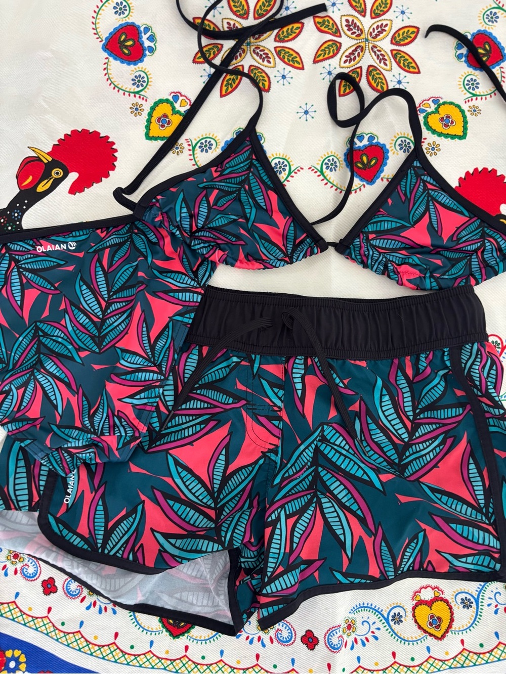 Olaian Surfing Bikini Top & Shorts Set XS/S - Teal & Pink